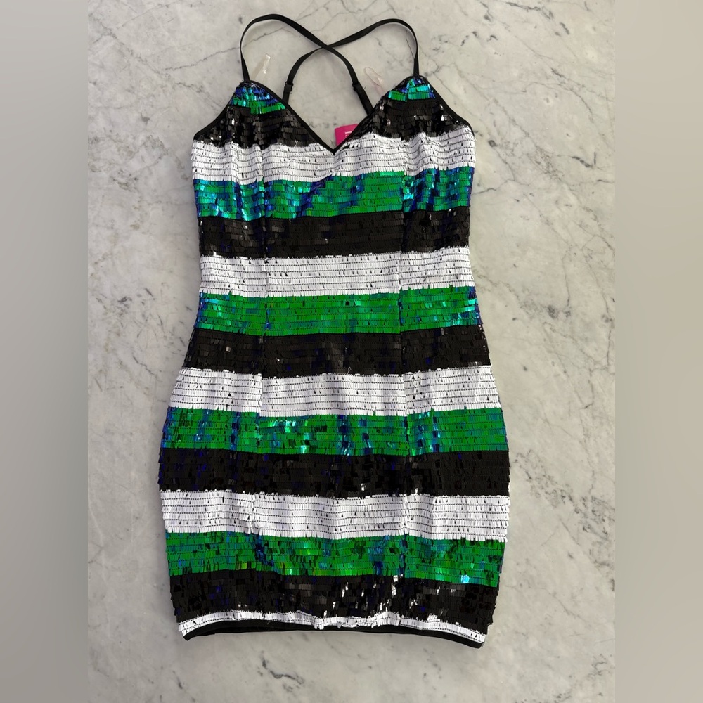 A'gaci Sequin Dress with Black, Blue, and White Stripes